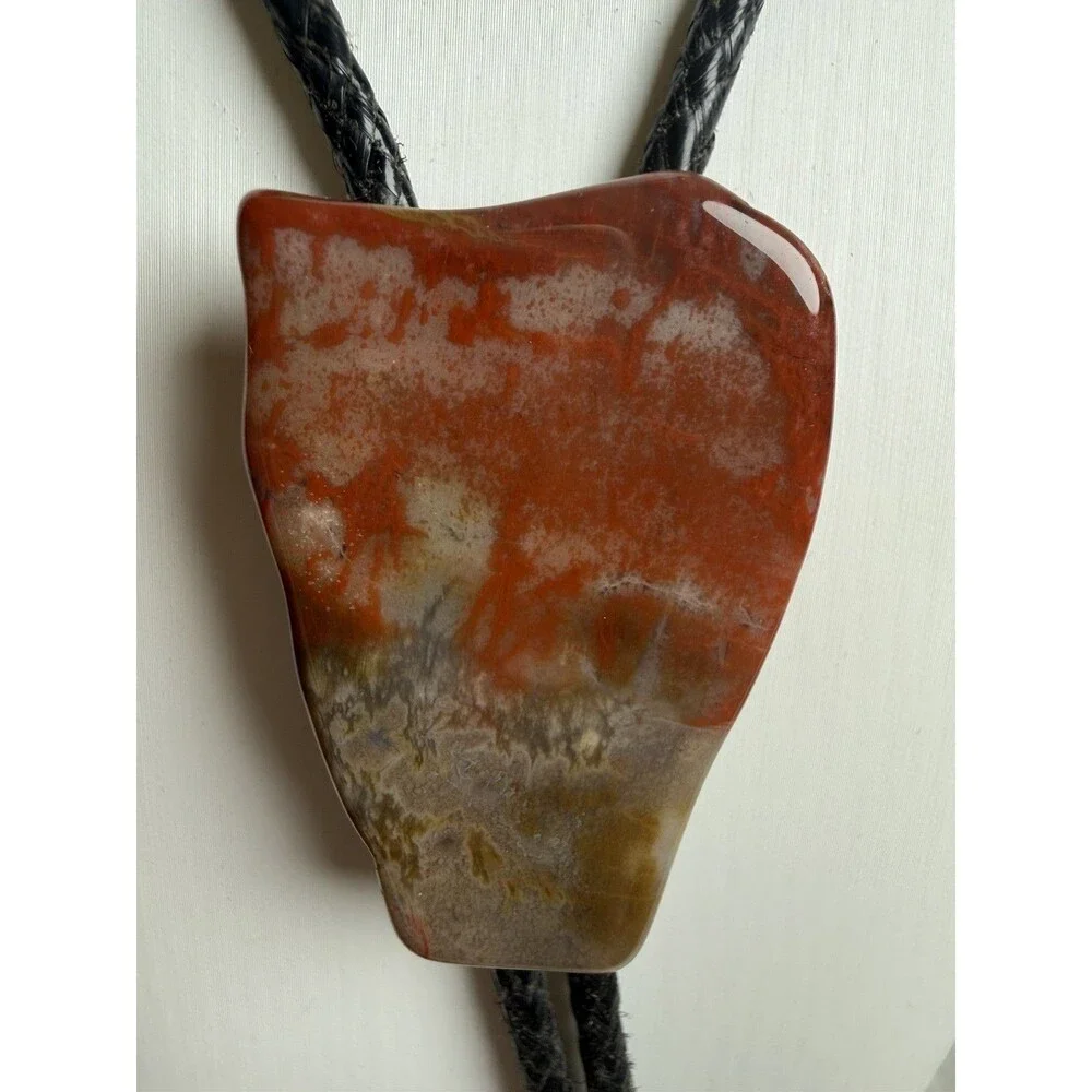 Handcrafted Natural Agate Jasper Stone Slab Bolo Tie Black Braided Leather Cord
